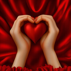 Photo realistic hands making a heart symbol over a red outfit

