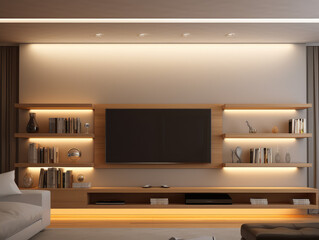 Modern Living Room with Warm Wooden Media Wall and Integrated LED Lighting