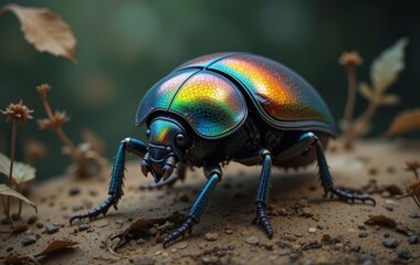 Naklejka premium A close-up of a colorful beetle on a muted green background with leaves and twigs