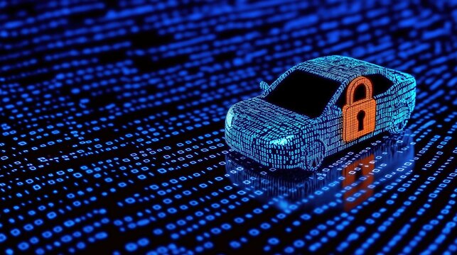 Digital car icon with a padlock on a binary code background, highlighting automotive cybersecurity, vehicle security, and the importance of protecting cars from hacking