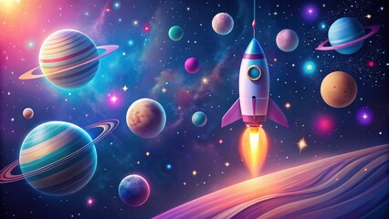 A vibrant cosmic journey A whimsical rocket ascends through a nebula, surrounded by colorful planets and twinkling stars.