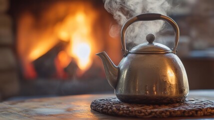 A steaming kettle sits on a wooden table, with a warm fire glowing in the background.