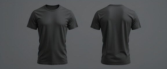 Black t-shirt mockup on muscular man – front and back view, gym clothing template on gray background