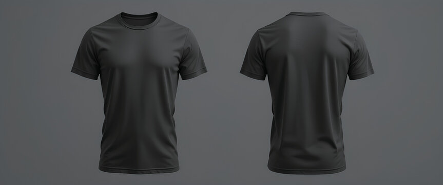 Black t-shirt mockup on muscular man &ndash; front and back view, gym clothing template on gray background