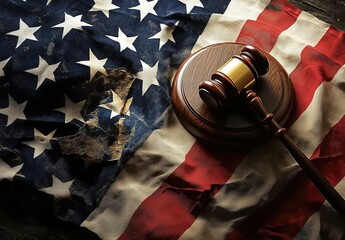  Gavel and American flag, symbolizing the power of justice in America's courtroom system.