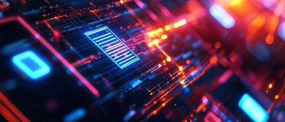 A vibrant, abstract representation of digital circuits with glowing lights, showcasing technology and innovation in a futuristic setting.