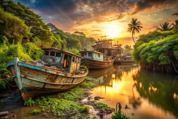 Obraz premium Abandoned Bengal Fishery: Sunken Boats & Rustic Charm - Stock Photo