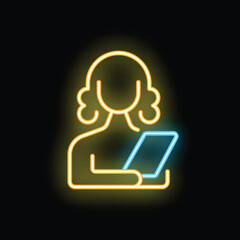 Neon icon of a woman judge using a tablet, representing the concept of law and technology