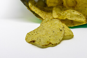 Stack of Seaweed flavored Potato Chips isolated on white background.