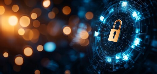 A digital lock symbolizing cybersecurity and data protection, surrounded by glowing blue and orange elements.