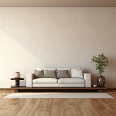 Serene Minimalist Living Room with Wooden Platform and Neutral Tones