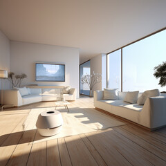 Bright Modern Living Room with Ocean View and Sunlight Streaming Through Large Windows