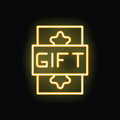 Bright yellow neon gift card icon glowing on a dark background