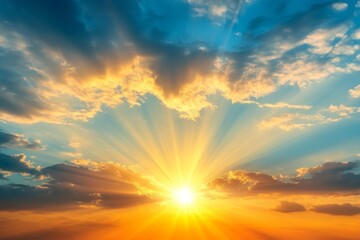 Vibrant sunset sky, sun rays bursting, cloudscape, peaceful background, nature