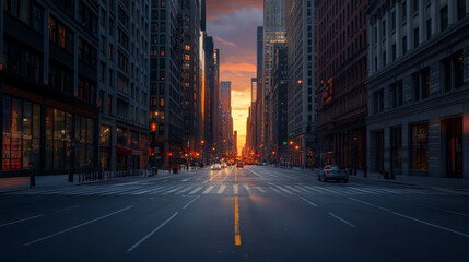 Empty City Street at Sunset with Glowing Lights