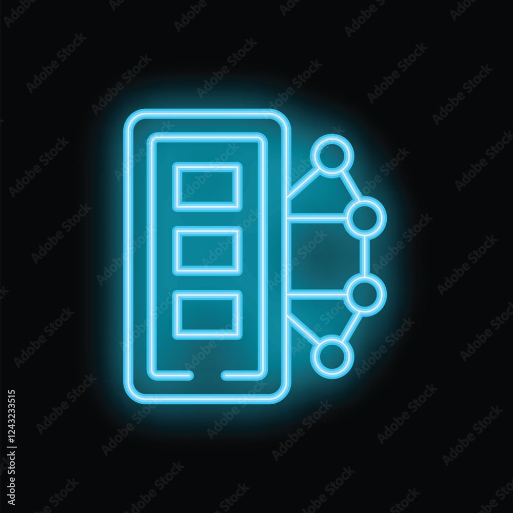 Poster glowing neon icon of a mobile phone with data displayed on its screen connecting to a network, repre