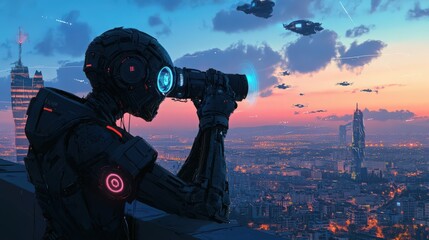 Futuristic city surveillance by a humanoid robot with flying spaceships