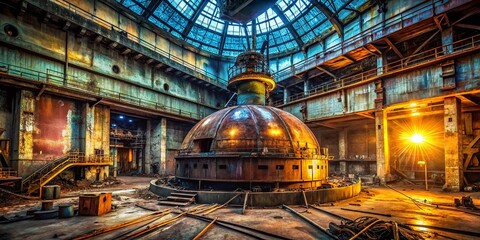 Obraz premium Abandoned Nuclear Reactor Vessel Interior - Low Light Metal Dome