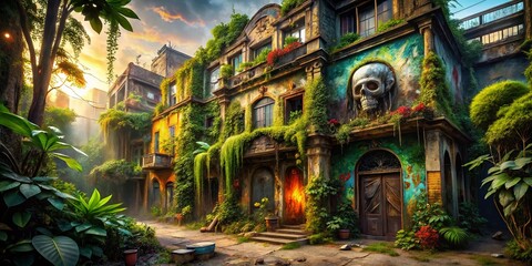 Obraz premium Abandoned Urban Fortress: Pirates or Tourists? Mysterious Graffiti & Decaying Structure