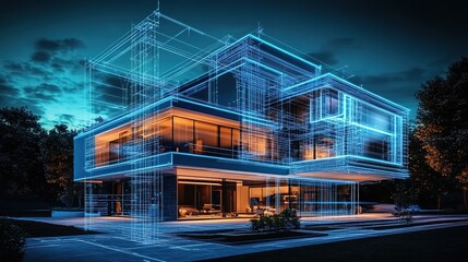 Obraz premium A modern building with blueprints and wireframe holograms overlaying it, highlighting the architectural design of an energy-efficient home in Montreal at night.