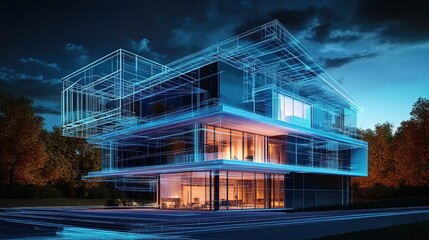 Obraz premium A modern building with blueprints and wireframe holograms overlaying it, highlighting the architectural design of an energy-efficient home in Montreal at night.