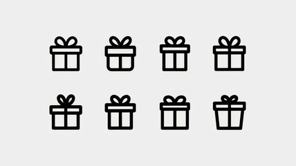 A collection of minimalist gift box icons, featuring simple designs with bows, arranged in a grid pattern on a light background.