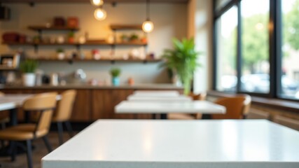 Fototapeta premium Blurred Glass Cafe Interior - Bright, White Table