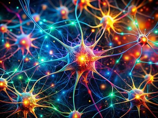 Obraz premium Abstract Neural Network: Neon Connections & Conscious Firing Neurons - Long Exposure Stock Photo