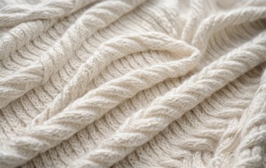 A close-up of a white woolen sweater with a knitted texture
