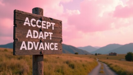 Obraz premium Accept Adapt Advance - Inspirational Wooden Signpost, Dramatic Pink Skies