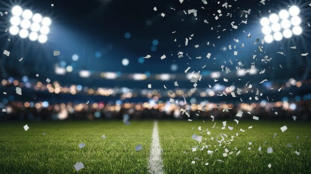 An electrifying atmosphere fills the stadium as confetti falls from above, a moment of celebration during a thrilling football match under bright lights.