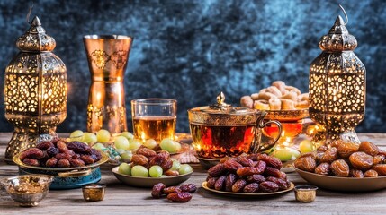 Fototapeta premium Ramadan feast dates, tea, lanterns, wooden table, celebration