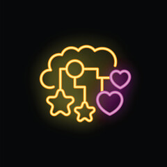 Neon icon of a baby mobile with stars and hearts hanging over a cloud, ideal for websites and mobile apps