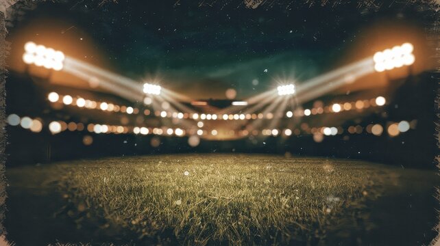 A vibrant sports stadium with bright floodlights shining down on a grassy field, creating an energetic and exciting atmosphere.