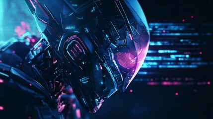 AI robot head with the text "AI", dark background, glowing elements around.
