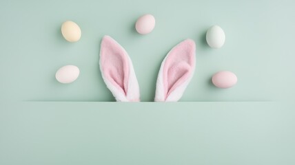 Playful pastel scene featuring fluffy pink bunny ears peeking over a mint green surface surrounded by colorful Easter eggs.