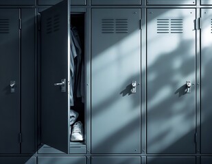 a realistic and detailed depiction of a gym locker. The locker door is slightly open, revealing workout essentials like a gym bag, a water bottle, a towel, and a pair of sneakers neatly placed inside.