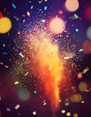 Dynamic explosion of colorful confetti and streamers in mid-air, with a blurred festive background and bright lights, leaving space for text placement