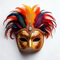 Luxurious Venetian carnival mask with intricate golden details and colorful feathers, isolated on a clean white background with soft shadows, leaving empty space for text overlay