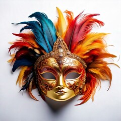 Luxurious Venetian carnival mask with intricate golden details and colorful feathers, isolated on a clean white background with soft shadows, leaving empty space for text overlay