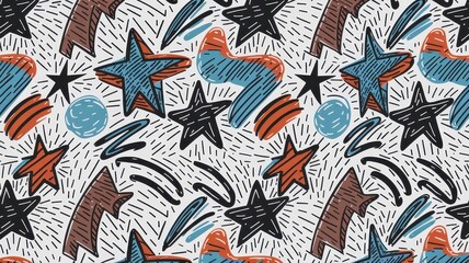 A vibrant and playful pattern featuring colorful stars, abstract shapes, and dynamic lines on a light background.