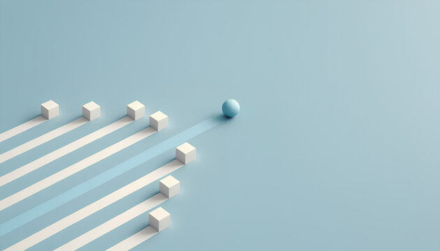 Work smart not hard, leadership concept with a yellow sphere leading white cubic blocks on a strategic path &ndash; minimalist 3d render