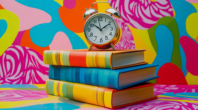 A stack of colorful books with an alarm clock on top, against a vibrant background