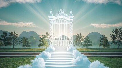 Obraz premium A serene landscape featuring an ethereal, glowing gate leading into a radiant paradise, bathed in warm sunlight and surrounded by lush greenery.