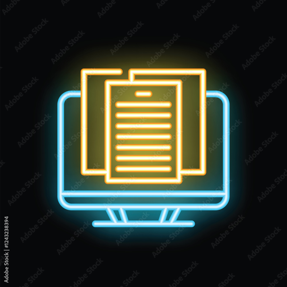 Wall mural neon computer monitor displaying documents icon illustration on a black background
