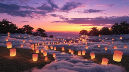 A serene sunset landscape featuring glowing lanterns floating above a misty pathway, creating a magical ambiance in nature.