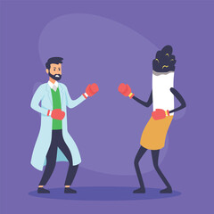 Doctor in lab coat and boxing gloves facing off against cartoon cigarette wearing boxing gloves. Battle against smoking and health awareness concept