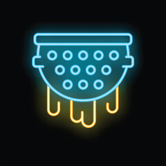 Neon glowing symbol of colander draining water isolated on a black background