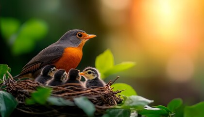 A mother bird sits in a nest with her chicks, surrounded by lush greenery and warm sunlight, symbolizing care and nurturing in nature.