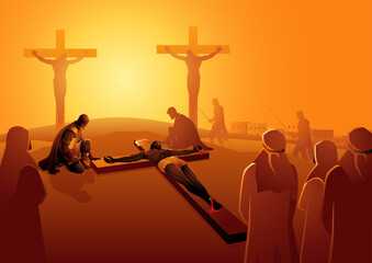 Biblical vector illustration series. Way of the Cross or Stations of the Cross, eleventh station, Jesus is Nailed To The Cross.